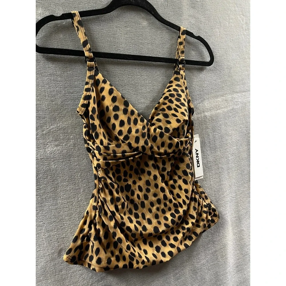 DKNY Womens Leopard Print Tankini Top‎ Brown Black Ruched Swimwear Sz S $60